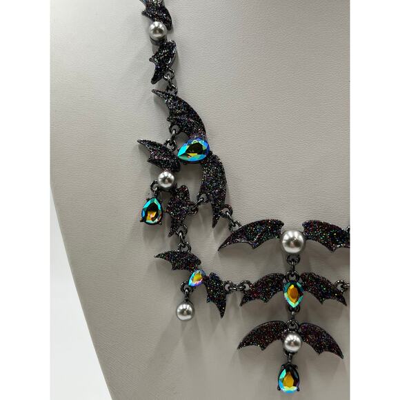 Betsey Johnson Gray Pearl Black AB Rhinestones Gothic Bat Bib Statement Necklace - Picture 2 of 11